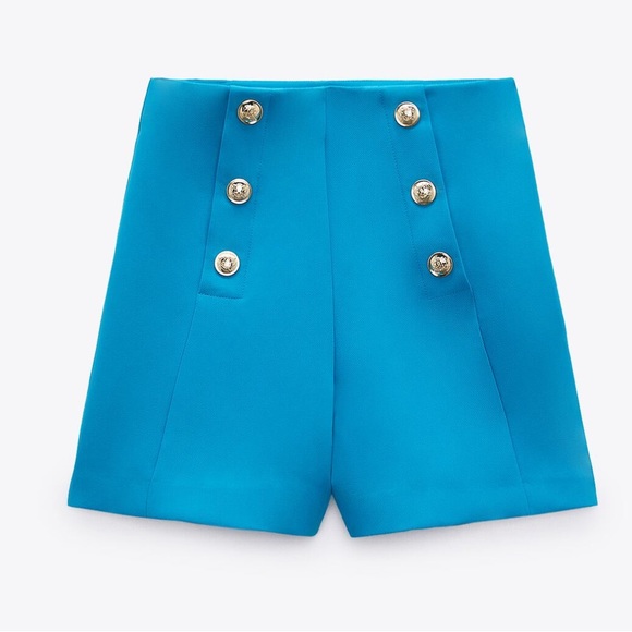 NWT. Zara Turquoise Gold Button High-Waisted Shorts. Size XS, S, M, L. - Picture 6 of 10